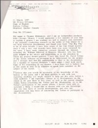 Letter from Thomas Blakemore about wanting to meet to discuss Oak Island, first page