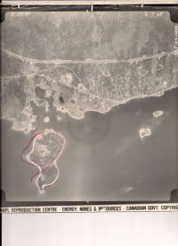 1965 aerial photo of Oak Island overlain with probable size of the islands 400 years ago