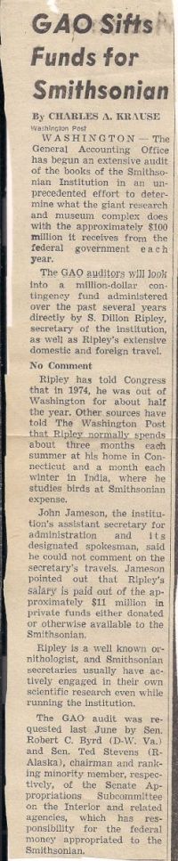 Washington Post: GAO Sifts Funds for Smithsonian