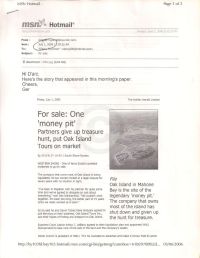 Email containing Halifax Herald article "Partners give up treasure hunt" by Beverley Ware p1