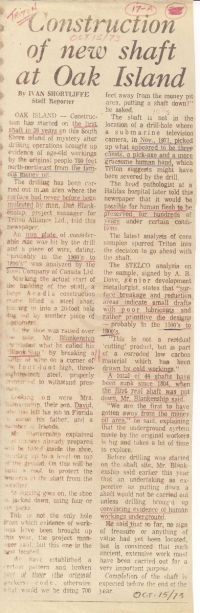 Chronicle Herald: Construction of new shaft at Oak Island